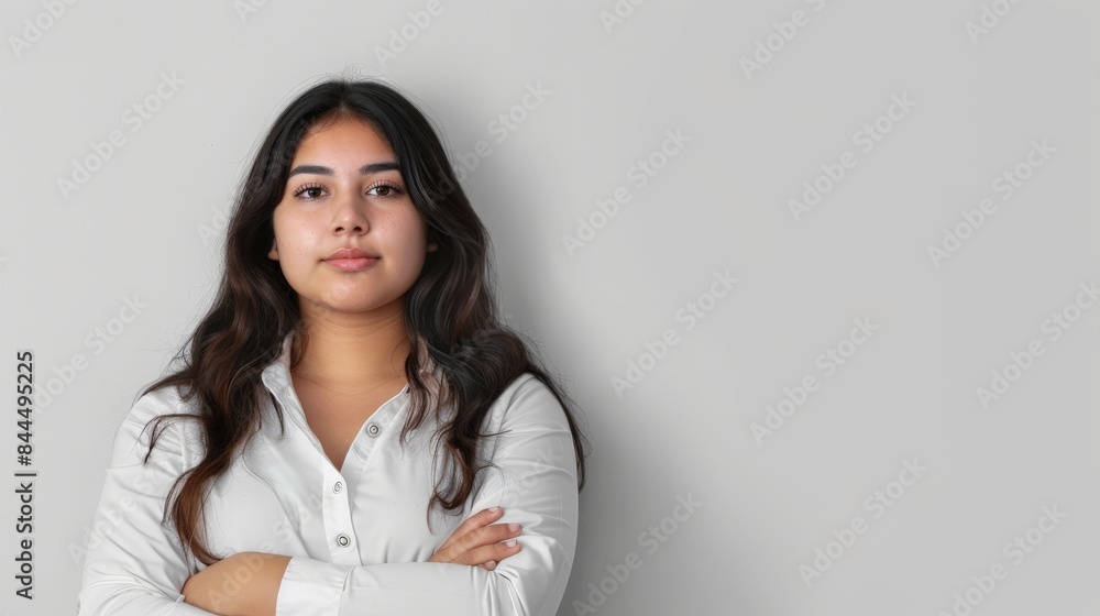 A woman with her arms crossed stands confidently against a plain gray background A woman with her arms crossed stands confidently against a plain gray background