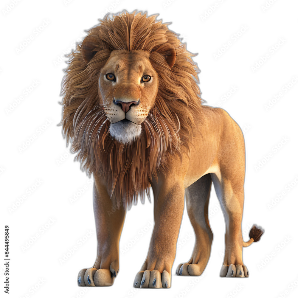 A majestic 3D lion with a detailed mane and piercing eyes, standing on a white background A majestic 3D lion with a detailed mane and piercing eyes, standing on a white background
