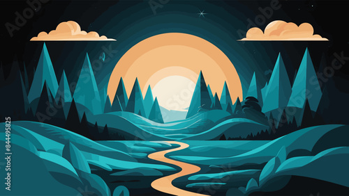 A Night Illustrated Landscape of Rolling Hills,  Trees, and a Serene River under a Bright Moon Abstract Vector Art