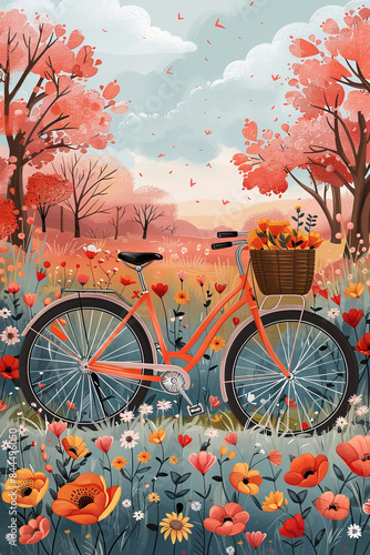 A bicycle with a basket full of flowers on colofrul natural background. photo