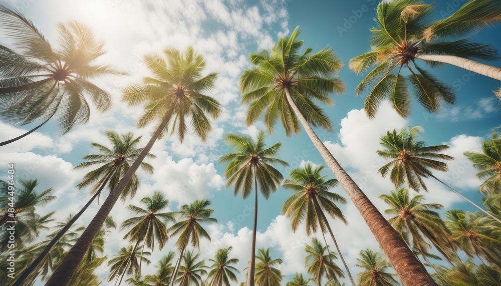 A stunning view of towering palm trees reaching towards a bright blue sky dotted with fluffy white clouds. 