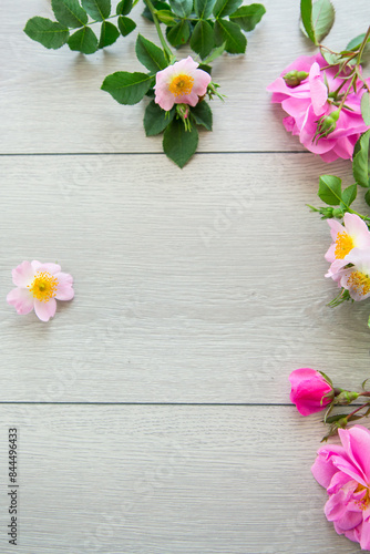light wooden background with bright pink roses © Peredniankina