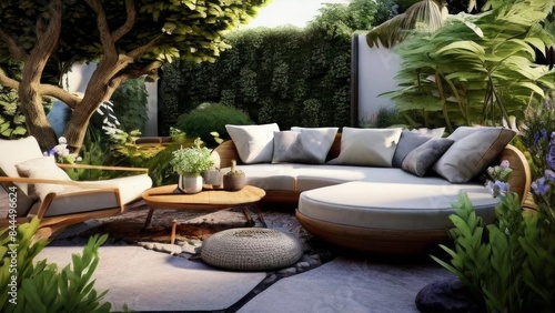 outdoor patio area. It shows a round white sofa bed with many cushions, next to which stands a wooden side table and an additional wooden chaise longue. The floor consists of square stone slabs, © COK House