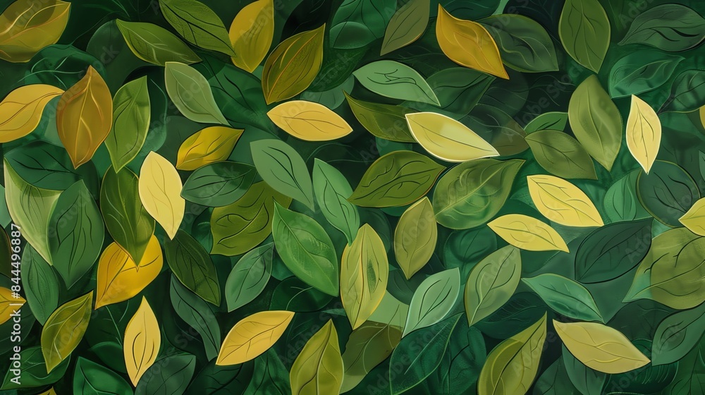 Green and yellow leaves of different shapes and sizes are scattered on a dark green background. Green and yellow leaves of different shapes and sizes are scattered on a dark green background.