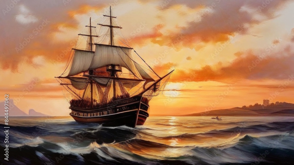 a large sailing ship with several unfurled sails floating on the waves of the sea. Warm colors are seen in the sky, which could indicate dawn or dusk.