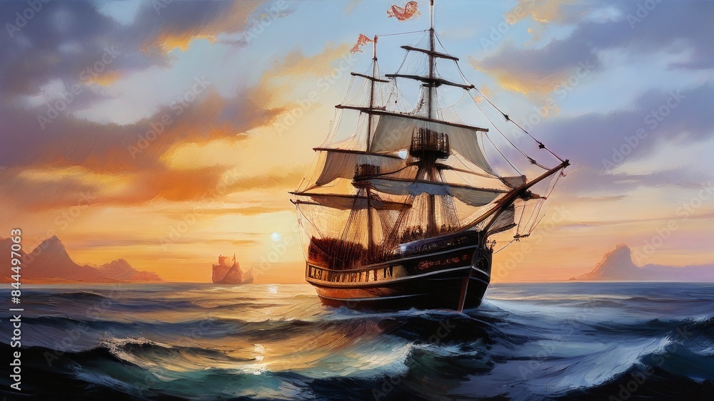 a large sailing ship with several unfurled sails floating on the waves of the sea. Warm colors are seen in the sky, which could indicate dawn or dusk. a large sailing ship with several unfurled sails floating on the waves of the sea. Warm colors are seen in the sky, which could indicate dawn or dusk.