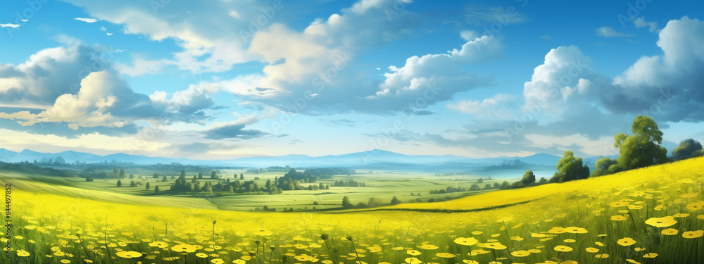 Nature landscape with green meadows, blue sky with clouds and mountains in the background. classic green landscape, Generative AI Nature landscape with green meadows, blue sky with clouds and mountains in the background. classic green landscape, Generative AI