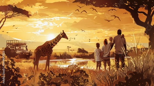 Family on an African safari, illustration, warm earth tones, detailed, exotic wildlife,
