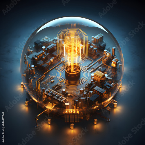 A glowing light bulb sits atop a circuit board encased in a glass sphere, symbolizing innovation and technological advancement. photo