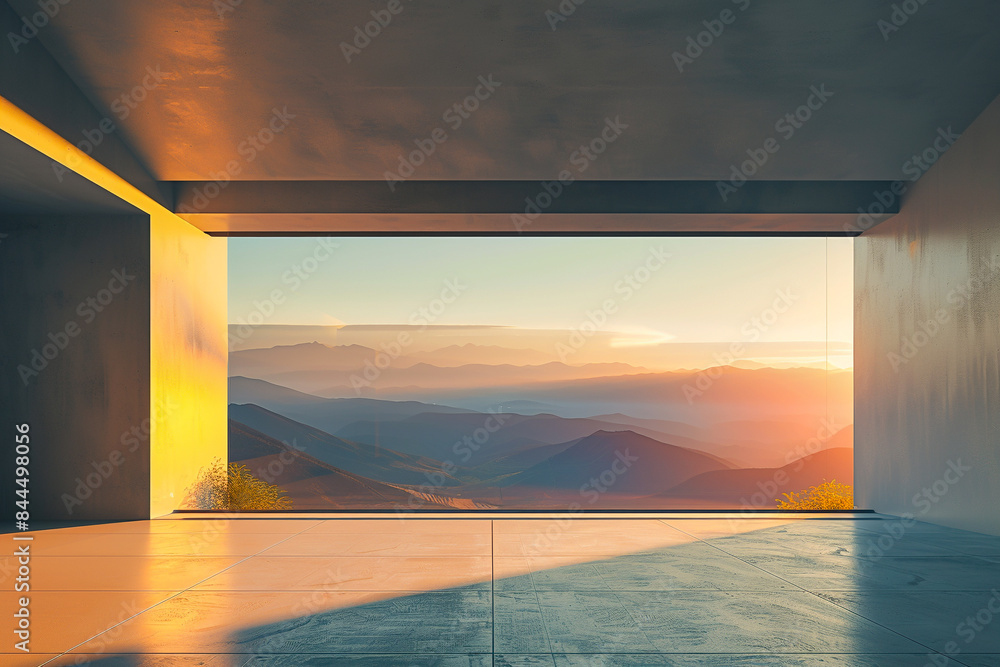 Fototapeta premium A minimalist room with a single window showcasing a breathtaking mountain sunrise casting long shadows across the room