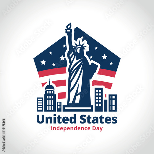 America 4th of July Independence Day Logo with USA Icons. Statue of Liberty, Fireworks, Stars, Flags. Isolated Vector Illustration