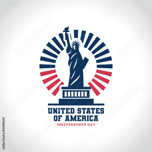 America independence day 4th of July logo with USA element icons, the Statue of Liberty, firework, star, flags, etc, Isolated vector illustration.