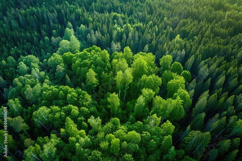 Aerial view of lush green forest canopy with dense tree cover, showcasing nature's beauty and vibrant foliage on a sunny day.