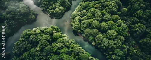 Aerial view of lush green forest canopies and winding river in a tropical jungle during daytime, showing untouched natural beauty.