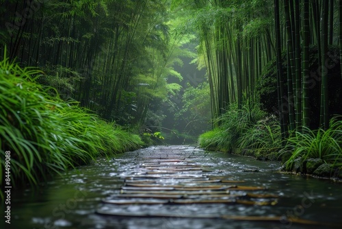 A serene bamboo forest path with stepping stones over a tranquil stream, surrounded by lush greenery in a peaceful natural setting. photo