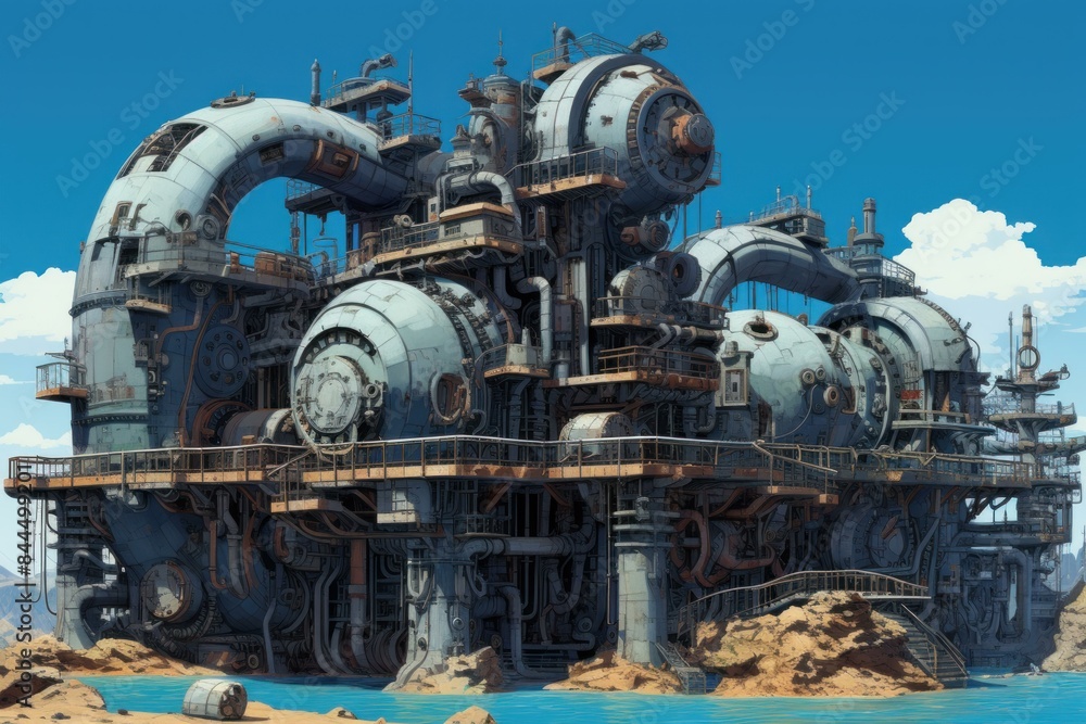 Digital illustration of an advanced, massive industrial complex in a barren desert landscape Digital illustration of an advanced, massive industrial complex in a barren desert landscape