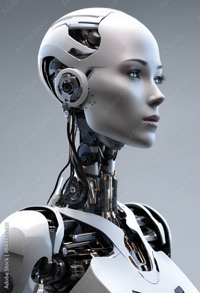 Futuristic humanoid robot, android, AI, female, head, profile, white, black, plain background Futuristic humanoid robot, android, AI, female, head, profile, white, black, plain background