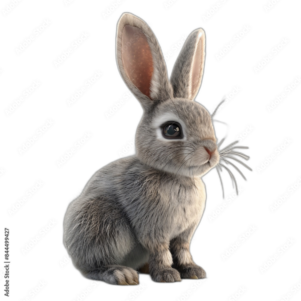 A detailed 3D rabbit with soft fur and long ears, sitting on a white background A detailed 3D rabbit with soft fur and long ears, sitting on a white background