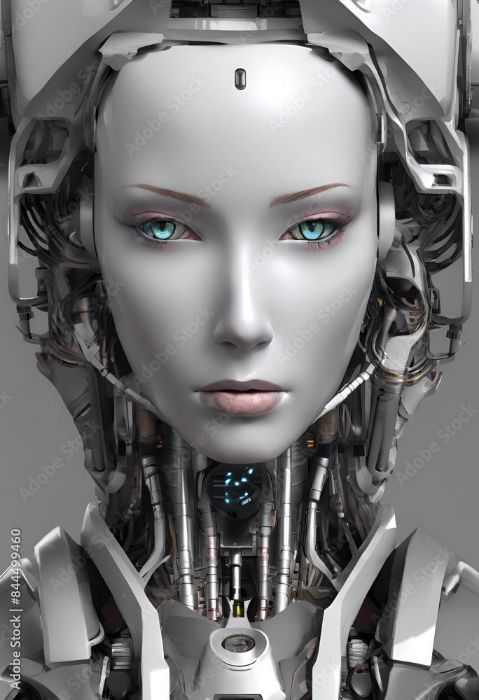 Futuristic humanoid robot, android, AI, female, head, grey, beige, plain background Futuristic humanoid robot, android, AI, female, head, grey, beige, plain background