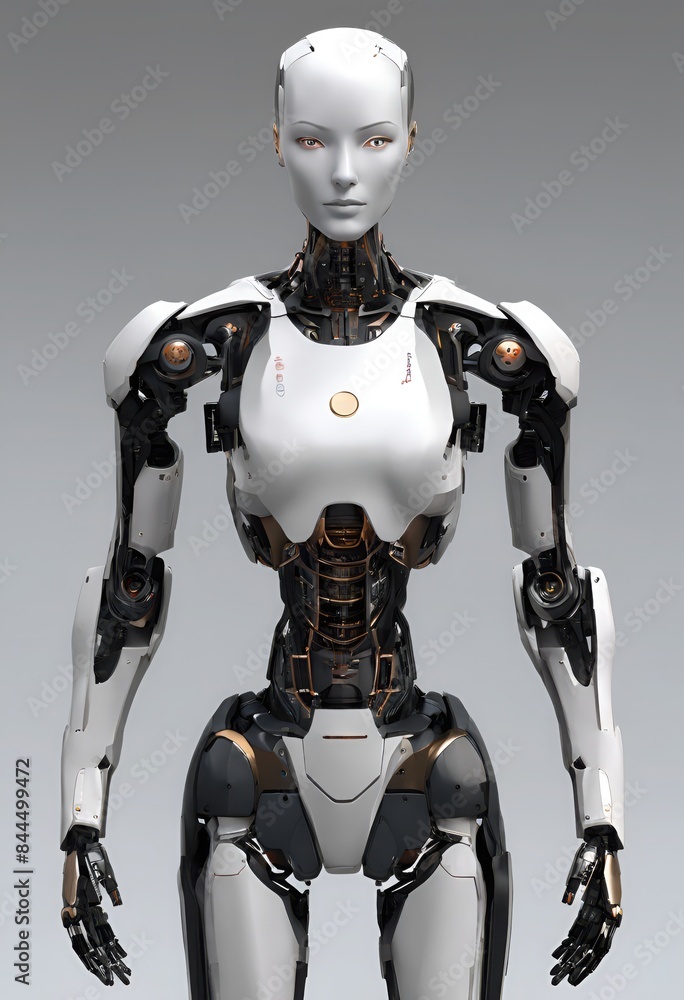 Futuristic humanoid robot, android, AI, female, head, body, front,white, plain background Futuristic humanoid robot, android, AI, female, head, body, front,white, plain background