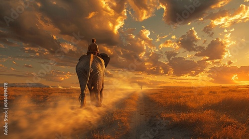 Wallpaper Mural Embark on a thrilling safari adventure as an elephant gracefully crosses a shallow river in the savanna, carrying a rider on its back, capturing the unique bond between human Torontodigital.ca