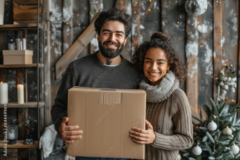 Smiling couple holding a cardboard box in a festive setting Smiling couple holding a cardboard box in a festive setting