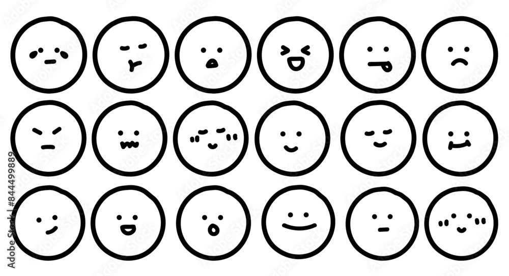 Variety of Simple Black and White Emoticon Faces Expressing Diverse Emotions Variety of Simple Black and White Emoticon Faces Expressing Diverse Emotions