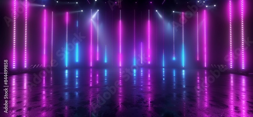 Wallpaper Mural A dark room with a wet floor reflecting bright neon lights Torontodigital.ca