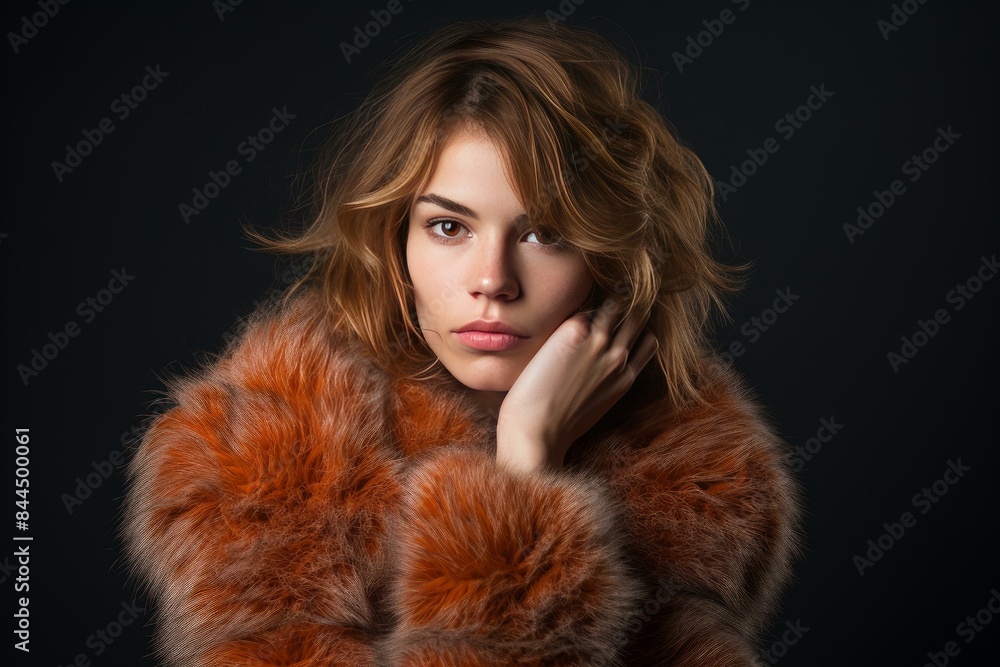 Portrait of a stylish young woman with a captivating gaze, wrapped in a rich fur coat Portrait of a stylish young woman with a captivating gaze, wrapped in a rich fur coat