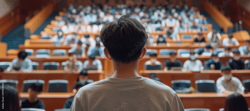 A student stands at the front of a lecture hall, facing a large audience of other students A student stands at the front of a lecture hall, facing a large audience of other students