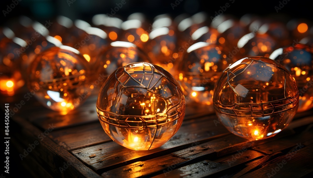 Glowing glass balls on a wooden table. 3d rendering, 3d illustration.