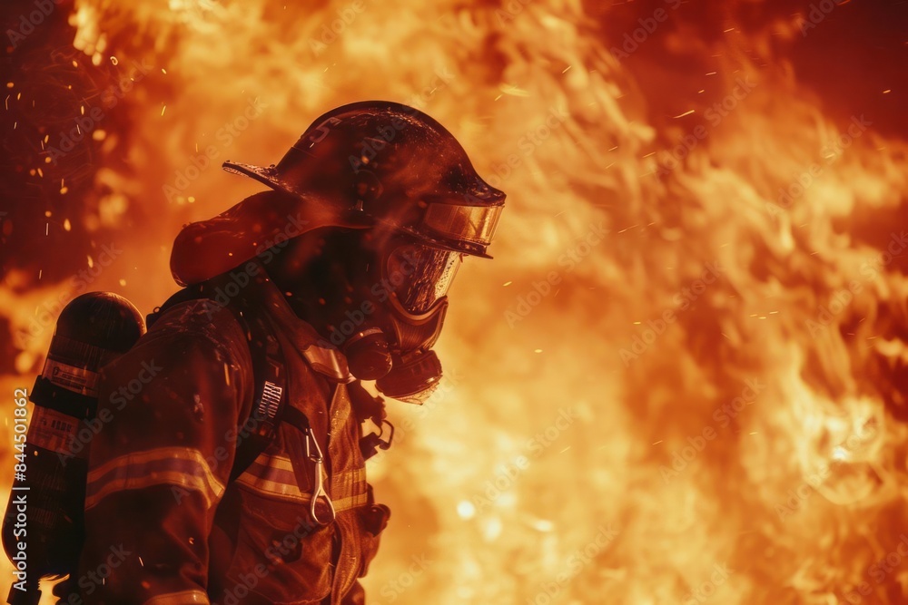A firefighter battling a blaze with the focus on the flames and the firefighter determined effort to control the fire