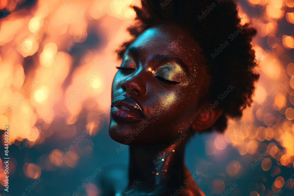 African woman with glitter makeup closes eyes, fire background. Portrait serene beauty, sparkling skin. Warm bokeh lights enhance mystical aura. Female model, artistic close-up, visual enchantment. African woman with glitter makeup closes eyes, fire background. Portrait serene beauty, sparkling skin. Warm bokeh lights enhance mystical aura. Female model, artistic close-up, visual enchantment.