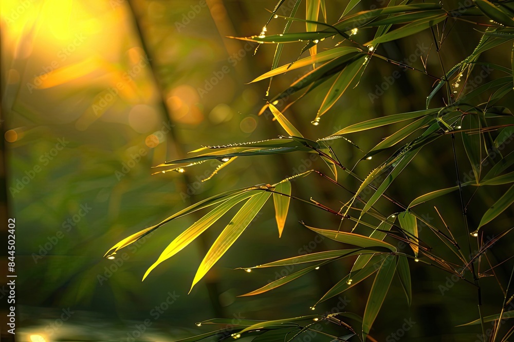 Fototapeta premium Serene bamboo leaves with dew drops illuminated by the golden sunrise, creating a peaceful and tranquil nature scene.