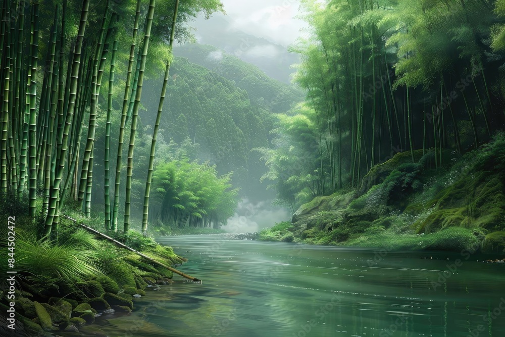 Obraz premium Serene bamboo forest alongside a tranquil river, enveloped by misty greenery, showcasing nature's untouched beauty.