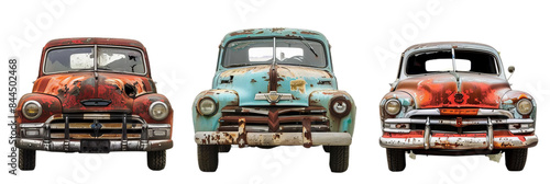 set of 3 rusty, vintage clunker cars, cutout isolated on white and transparent png background