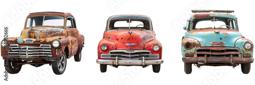 set of 3 rusty, vintage clunker cars, cutout isolated on white and transparent png background