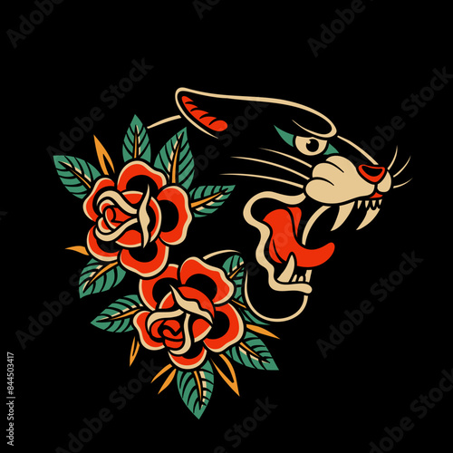 traditional tattoo, panther tattoo, vintage tattoo design element, old school tattoo