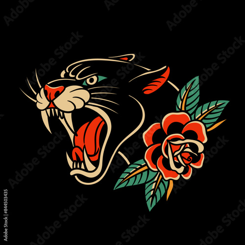 traditional tattoo, panther tattoo, vintage tattoo design element, old school tattoo