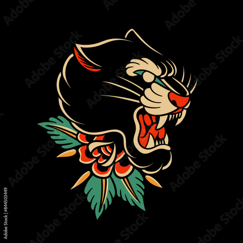 traditional tattoo, panther tattoo, vintage tattoo design element, old school tattoo