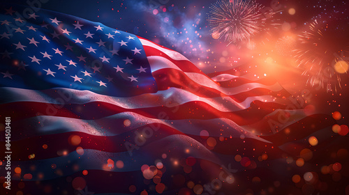American flag waving over abstract fireworks and bokeh background