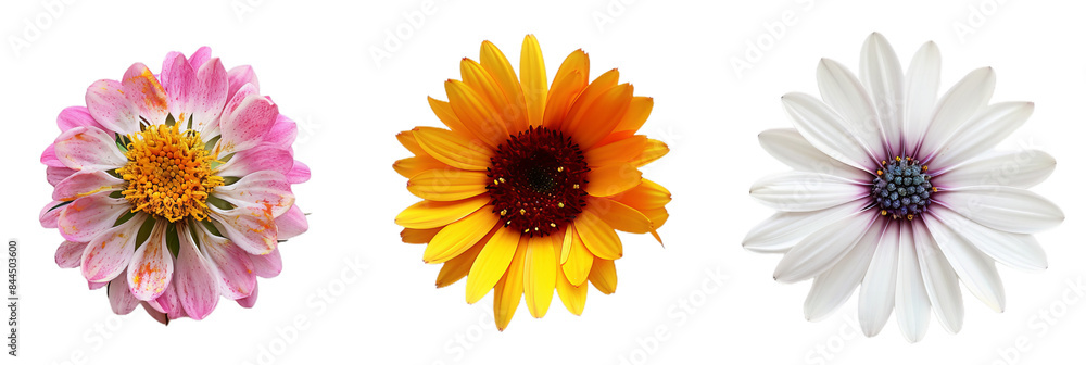 set of 3 colorful blooming flowers isolated on white and transparent background set of 3 colorful blooming flowers isolated on white and transparent background