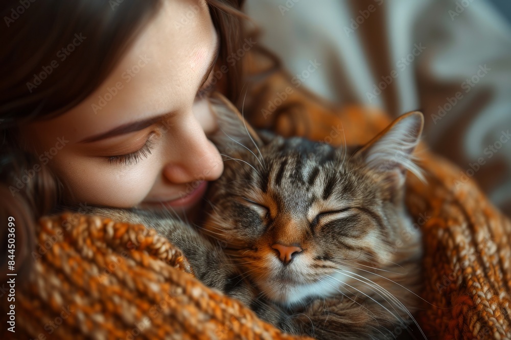 Woman cuddling with a relaxed cat wrapped in a cozy blanket Woman cuddling with a relaxed cat wrapped in a cozy blanket
