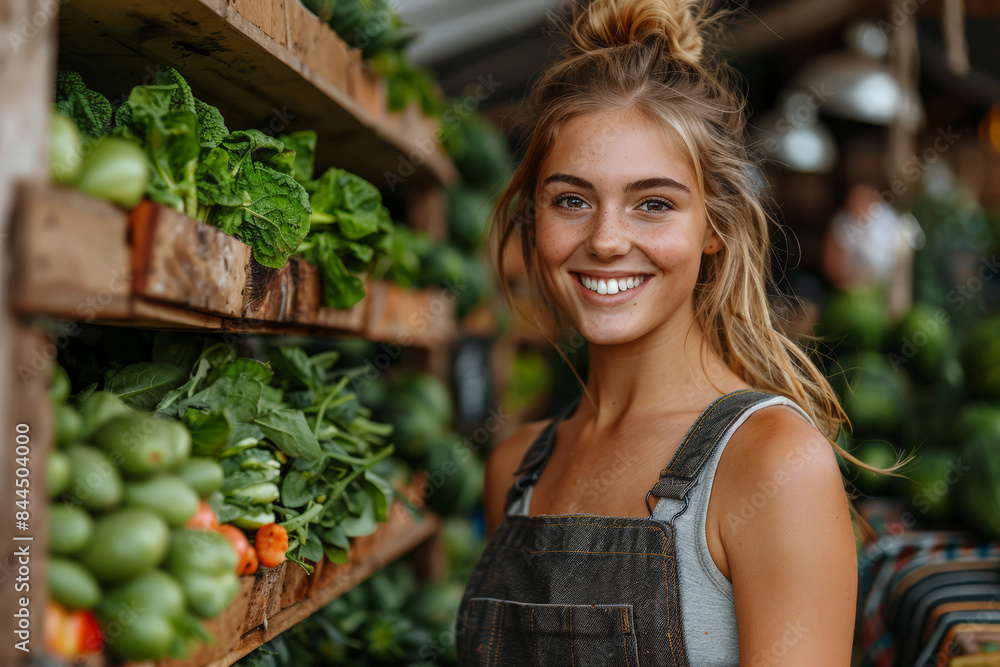 Smiling woman working at a produce stand Smiling woman working at a produce stand