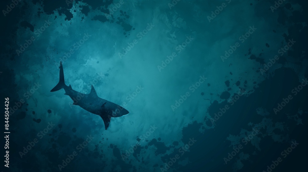 Obraz premium Eerie underwater scene featuring the silhouette of a shark against a textured blue ocean backdrop