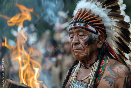 Elderly Native American man in traditional attire by a ceremonial fire