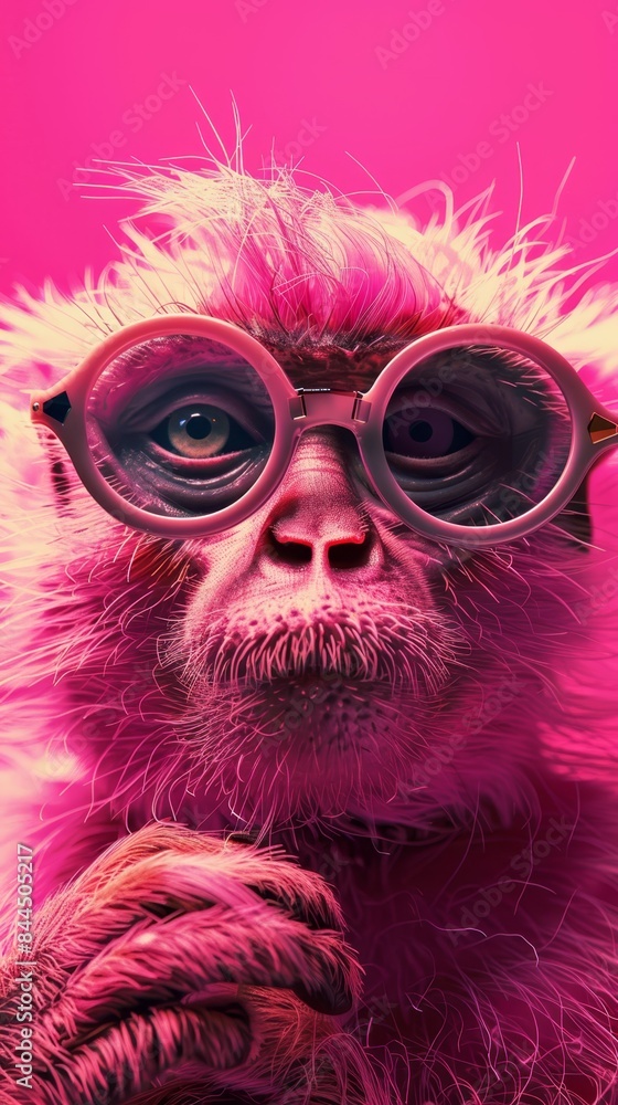 a monkey wearing glasses and a pink background