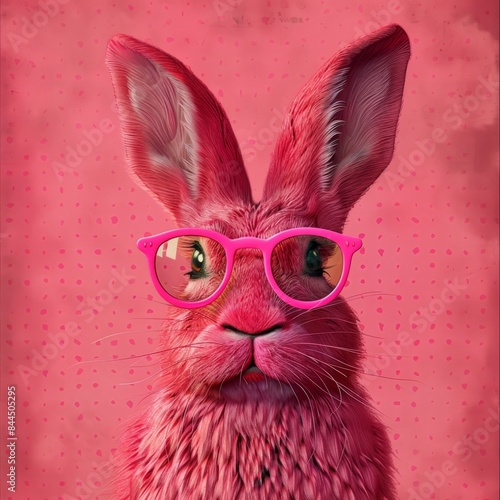 a rabbit wearing glasses on a pink background photo