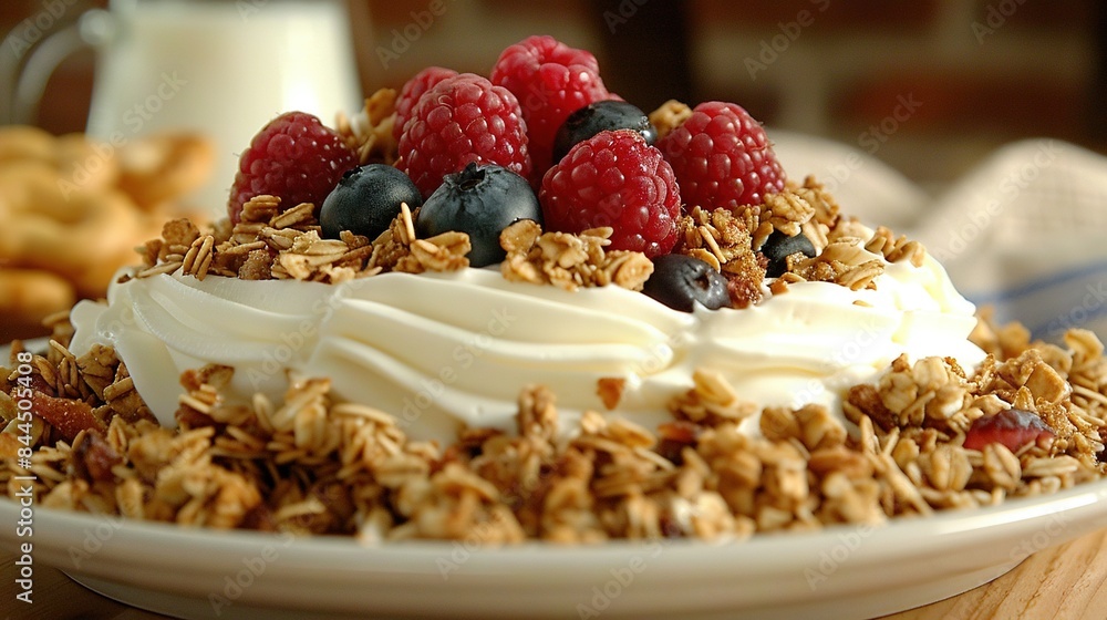 A detailed image of a granola bowl topped with fresh raspberries A detailed image of a granola bowl topped with fresh raspberries