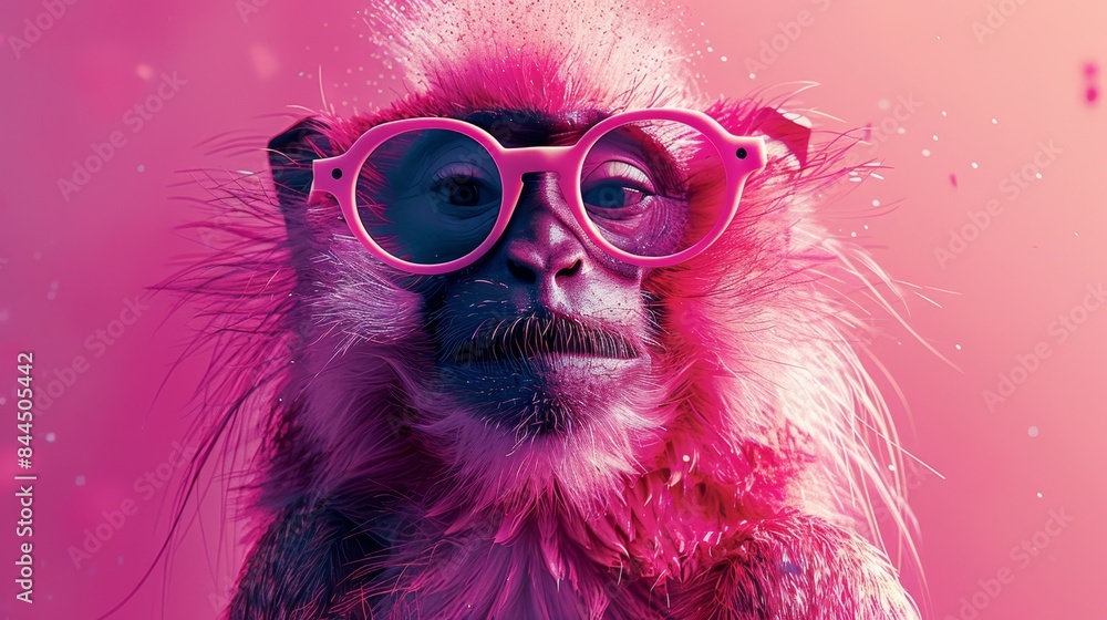 a monkey wearing pink glasses and a pink background a monkey wearing pink glasses and a pink background